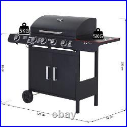 4+1 Gas BBQ Grill with Wheels, Steel-Black