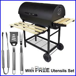 BBQ Charcoal Barbecue Grill Cooking Trolley Stove Wooden Table Smoker & Utensils