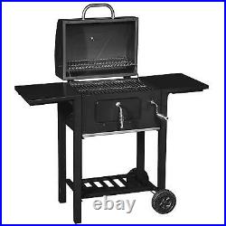 Black Charcoal Grill BBQ Trolley Wheels Garden Smoker Shelf Side Steel
