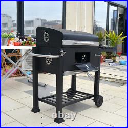 Black Charcoal Grill BBQ Trolley Wheels Garden Smoker Shelf Side Steel K