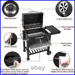 Charcoal Grill BBQ Trolley Wheels Garden Smoker Shelf Side Steel Black UK STOCK