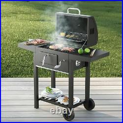Charcoal Grill BBQ Trolley Wheels Shelf Side Thermometer Steel Black UK SUMMER