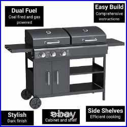 Gas BBQ Grill and Charcoal Smoker 3 Burner Large Hybrid Barbecue & Side Tables