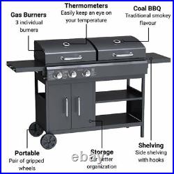 Gas BBQ Grill and Charcoal Smoker 3 Burner Large Hybrid Barbecue & Side Tables