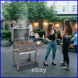 Heavy-Duty Charcoal Grill BBQ Trolley Wheels Garden Smoker Shelf Side Steel UK