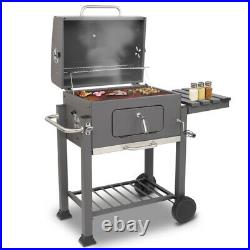 Large Charcoal Grill BBQ Trolley Wheels Garden Smoker Shelf Side Steel Gray