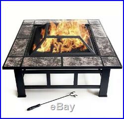 Large Square Garden Fire Pit With Grill Outdoor Patio Heater Metal BBQ Stove