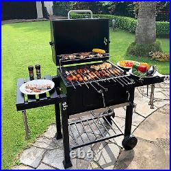 Outdoor Charcoal BBQ Trolley Mobile Barbecue Grill Stand with Lid Side Tables