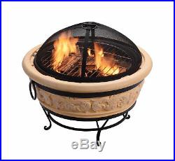 Peaktop Outdoor Round Wood Burning Fire Pit with Charcoal Grill, BBQ Grill and S