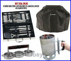 Premium Charcoal Barbecue BBQ Grill with Weatherproof Cover, 24pc Tool Kit, Char