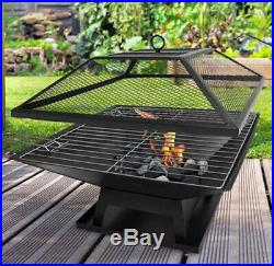 Square Fire Pit BBQ Grill Heater Outdoor Graden Firepit Brazier Patio Outside