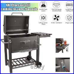 XXL Charcoal Grill BBQ Trolley Wheels Garden Smoker Shelf Side Steel Black
