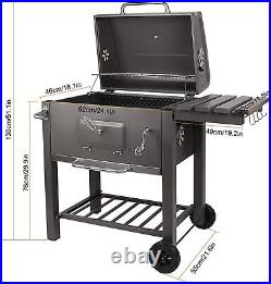 XXL Charcoal Grill BBQ Trolley Wheels Garden Smoker Shelf Side Steel Black